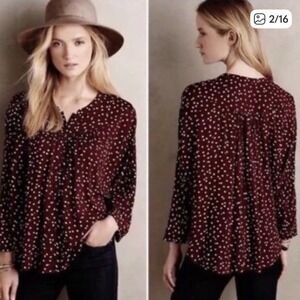 Anthropologie Maeve Womens Polka Dot Linden Blouse  Burgundy Long Sleeve Small